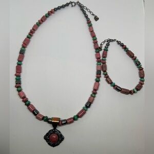 Carolyn Pollack 925 Rhodonite and Turquoise Beaded Necklace & Bracelet